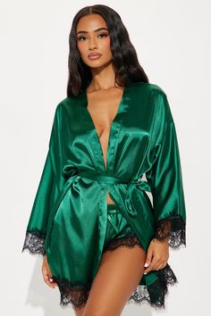 Available In Blue And Emerald. 2 Piece Robe Set Top Not Included Long Sleeve Robe Tie Waist Matching Shorts Lace Trim Non Stretch Final Sale 97% Polyester 3% Spandex Imported | Special Lover Satin Lace PJ 2 Piece Robe Short Set in Emerald size XL by Fashion Nova Emerald Fashion, Cami Mendes, Hot Clothes, Sleepwear Fashion, Lace Trim Shorts, Sweater Jumpsuit, Sleepwear Robe, Bra And Panty Sets, Short Set