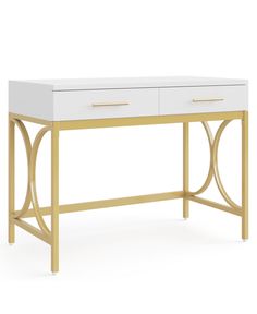 a white and gold desk with two drawers on the top, in front of a white background