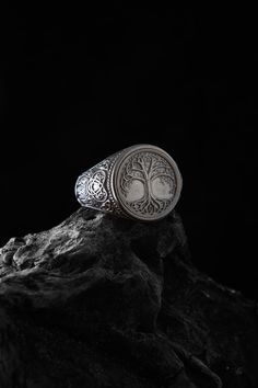 Tree of Life Unique Signet ring, Yggdrasil has been created by talented craftmens as handmade. We design to compliment your style! We believe there is something special for everyone and for every occasion, whether you're shopping for yourself or looking for a gift. Our wide selection of jewelry leaves no doubt or question marks regarding if one can find anything for themselves. Gaze upon our collections and see for yourself Unique Design: The life of tree figure on this ring symbolizes strength, Handmade Spiritual Round Signet Ring, Elvish Style Silver Ring For Gift, Nature-inspired Etched Rings Ideal For Gifts, Unique Oval Ring, Ancient Greek Jewelry, Mythology Jewelry, Question Marks, Pinky Signet Ring, Tree Of Life Ring