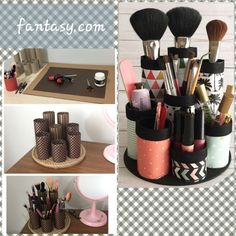 a collage of photos with makeup brushes and other items