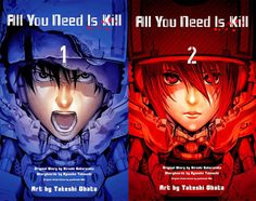 two anime covers with the title all you need is kill and 2 are in red