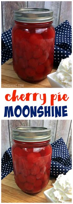 two jars filled with cherry pie and whipped cream