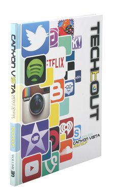 a book that is sitting on top of a white surface with many different app icons