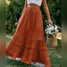 New Boho Flowy Ruffle Lace Maxi Skirt * Smocked Elastic Stretch Waist * Drawstring Tie Tassel Fringe Detail * Tiered Lace & Ruffle Trim * Long Length *Approximate Unstretched Measurements* Small (4) * Waist 26.25" (Up To 28") * Length 34.5" Medium (6) * Wais 28" (Up To 29.5") * Length 35.25" Large (8/10) * Waist 29.5"(Up To 32") * Length 36.25" Xl (12) * Waist 31"(Up To 34") * Length 37" On Order * Will Ship In Approx 7-10 Days Fabric : Soft Flowy Viscose Color : Red Rust Orange #Spring Summer F Office Work Outfit, Free People Wedding, Country Pool, Flare Maxi Skirt, Ruffle Hem Skirt, Maxi Lace Skirt, Business Formal Dress, Maxi Rok, Boho Skirt