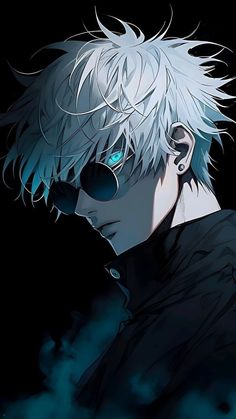 an anime character with white hair and blue eyes, wearing black clothes in the dark