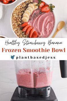 a blender filled with frozen smoothie and strawberries next to bowls of fruit