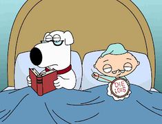 an old man reading a book to a dog in bed