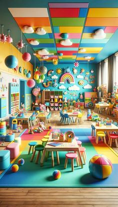 the children's playroom is brightly colored and has lots of toys