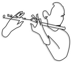 a line drawing of a person playing the flute with one hand and holding an instrument in his other hand