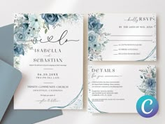 wedding stationery with blue flowers and greenery