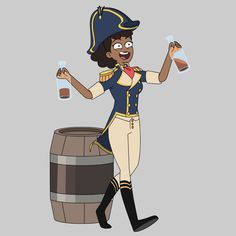 a cartoon character dressed in an old fashioned uniform and holding a glass with something on it