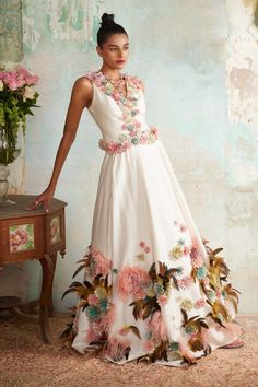 Varun Bahl | Light Pink Corsage Lehenga Gilet Set | INDIASPOPUP.COM Ivory Lehenga, Trendy Fashion Tops