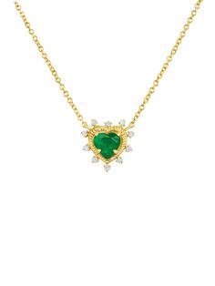 Enchant your style with the Jasmine Emerald Heart Necklace. Crafted from 14k gold, this exquisite necklace features a stunning heart-shaped emerald at its center, surrounded by a halo of sparkling round diamonds. Perfect for adding a touch of luxury and romance to any outfit, this piece is a timeless treasure that exudes elegance and grace. Luxury Gold Emerald Necklace With Exquisite Style, Elegant Heart Necklace For May Birthstone, Elegant Heart Cut May Birthstone Necklaces, Elegant Heart Cut Necklaces For May Birthstone, Elegant Heart-shaped Green Emerald Necklace, Elegant Green Heart-shaped Emerald Necklace, Elegant Green Emerald Heart Pendant Necklace, Elegant Heart Necklace With May Birthstone Charm, Elegant Heart Pendant Necklace For May Birthstone