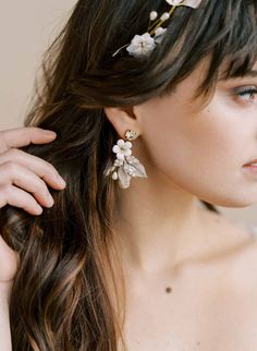 Bridal flower, crystal and pearl earrings - Cherry blossom drop earrings - Style #2159 | Twigs & Honey ®, LLC Long Bridal Earrings, Crystals Beautiful, Botanical Earrings, Blush Gold, Gold Bridal Earrings, Blush And Gold, Hair Vine, Colored Wedding Dresses, Beads Handmade