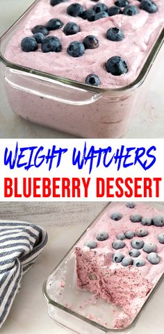 blueberry dessert in a glass dish with the words weight watchers on it