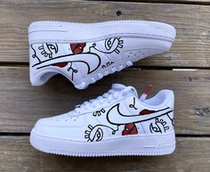 Custom Air Force 1s with Black and Red line drawing of a woman's face Trendy Trainers, Shoe Artwork, Custom Sneakers Diy, Custom Nike Air Force, Painted Nikes, Custom Shoes Diy, Nike Air Force 1s, Air Force 1s, Air Force 1 Custom