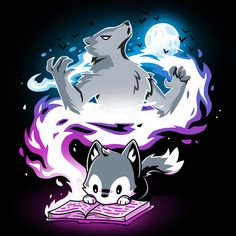 an illustration of a wolf reading a book in front of a fire and moon background