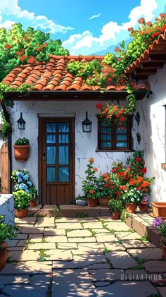 a painting of a house with potted plants and flowers on the front door area