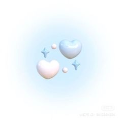 two heart shaped balloons floating in the air with stars around them on a light blue background