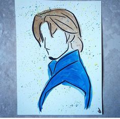 a drawing of a man with blonde hair wearing a blue jacket and black collared shirt