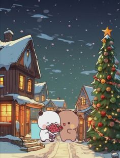 an animated christmas scene with a teddy bear in front of a house and a tree