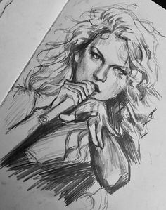 a pencil drawing of a woman holding a microphone in her right hand and looking at the camera