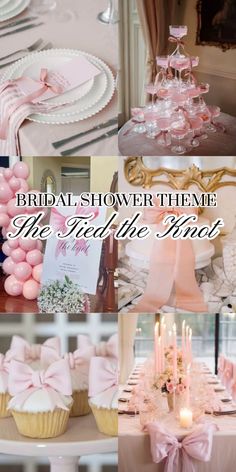 a collage of photos with pink and white decorations, candles, plates, and napkins