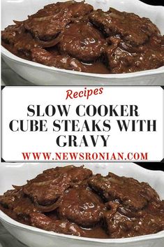 slow cooker beef steaks with gravy in a white bowl on a table