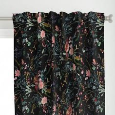 a black floral curtain with pink flowers on it