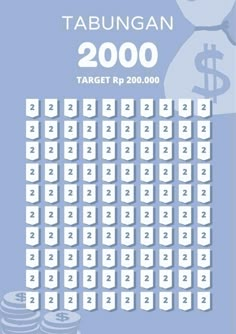 a blue and white poster with money stacks in the middle, on top of each other