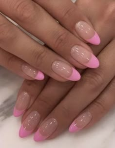 Pink Rounded French Tip Nails, Almond French Pink Tip Nails, Pretty Pink French Nails, Pink Tip Round Nails, Almond Acrylic Nails French Tips Pink, Nail Inspo Almond Pink French, Pink French Acrylic Nails Almond, Almond Nails With Pink French Tip, Pink Tip Acrylic Nails Almond