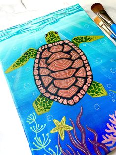 a painting of a sea turtle with corals and starfish on it's back