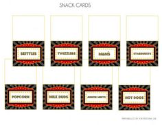 printable snack cards with the words hot dogs on them