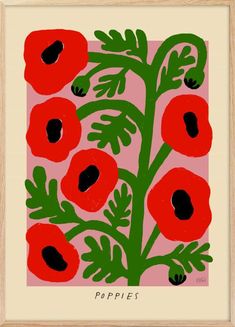 an image of poppies in red and green on a pink background with black dots