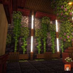 the interior of a minecraft house with plants and flowers on the walls, lighting up the room