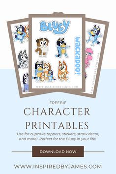 an advertisement for the freebie character printables program, featuring dogs and cats