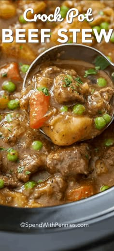 crock pot beef stew in a slow cooker with a ladle scooping out