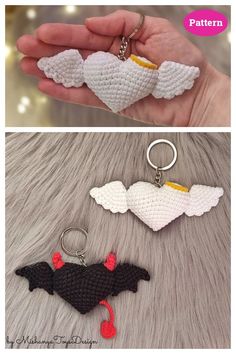 crochet keychain with two bats on it, one is white and the other is black