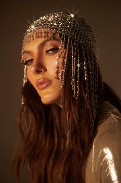 GLAM LIFE BEADED HAT 70s Jewelry Disco, Brow Style, Oversized Outerwear, Beaded Headpiece, Chain Headpiece, Mesh Maxi Skirt, Disco Glam, Glam Life, Front Fringe