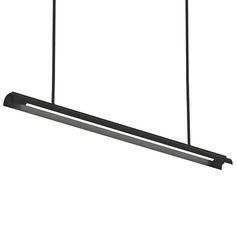 an overhead light fixture with two lights hanging from it's sides and one is black