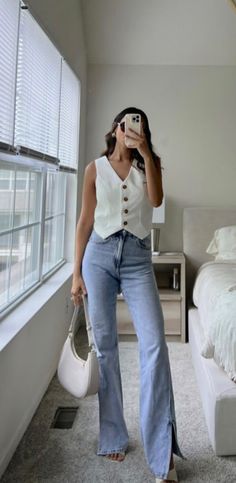 Shop our Influencers' top picks on Amazon Office Trendy Outfit, Casual Dinner And Drinks Outfit, White Vest And Jeans Outfit, Business Casual Plane Outfit, Engagement Party Guest Outfit Casual, Summer Daytime Outfits, Mid Twenties Outfits Women Summer, H Body Type Outfits, Office Outfits Short Women