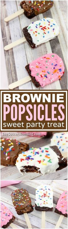 brownie popsicles with sprinkles and chocolate on them are ready to be eaten