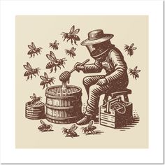 a man sitting on top of a barrel next to bees