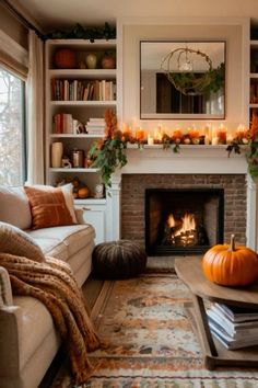 a living room filled with furniture and a fire place next to a fireplace covered in candles