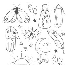 hand drawn doodles with stars, moon and other things to draw on white paper