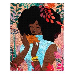 a painting of a woman with an afro holding a flower in her right hand and looking at the viewer