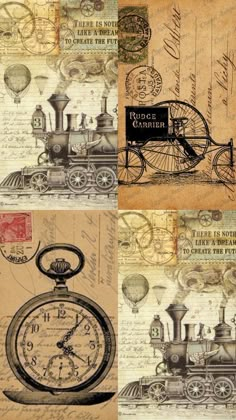 an old timey collage with steam engine and clock on it's side