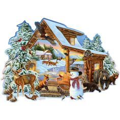 a christmas scene with animals and a cabin