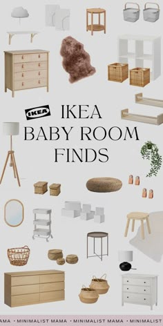 the ikea baby room finds poster is shown with furniture and accessories in white colors