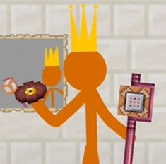 an orange cartoon character holding a purple object in front of a mirror with a crown on it